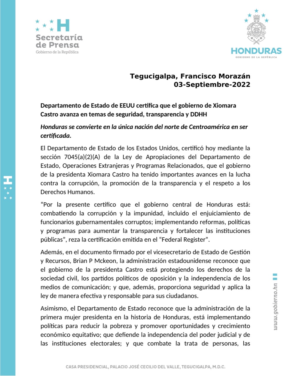 Asesor presidencial revela que según sondeo realizado la presidenta Xiomara Castro tiene un 72% de popularidad.